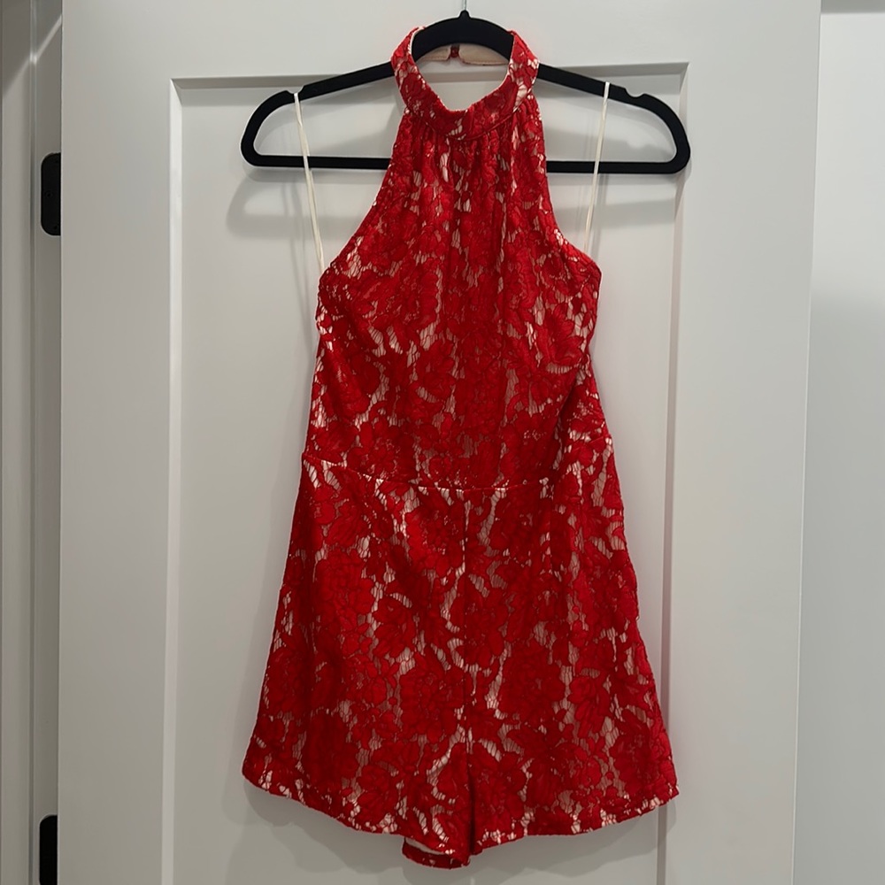 Missguided Halter Low V Back Lace Romper size 10 red